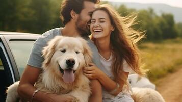 AI Generative Loving couple is playing with their dog at the beach  caucasian people  people animal lifestyle and nature concept photo