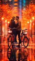 ai generativo amoroso Pareja montando en el bicicleta en un urbano escena dos joven amantes jugando en el río foto