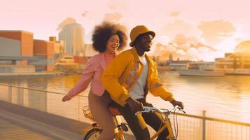 ai generativo amoroso Pareja montando en el bicicleta en un urbano escena dos joven amantes jugando en el río foto