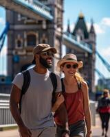 AI Generative Loving couple taking a selfie in London on a bridge  caucasian people  people technology and lifestyle concept photo