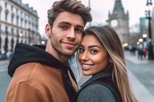 AI Generative Loving couple taking a selfie in London on a bridge  caucasian people  people technology and lifestyle concept photo