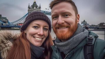 AI Generative Loving couple taking a selfie in London on a bridge  caucasian people  people technology and lifestyle concept photo