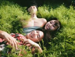 AI Generative Loving couple taking a selfie lying on the grass at vacation Concept about people lifestyle and technology photo