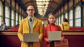 AI Generative Loving tourists holding suitcases at the train station Two young person are ready to get on the train and begin their journey photo