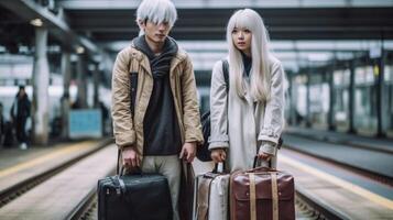 AI Generative Loving tourists holding suitcases at the train station Two young person are ready to get on the train and begin their journey photo