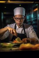 ai generativo masculino cocinero preparando un ensalada en el cocina de un restaurante comida concepto foto