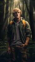 AI Generative Male hiker standing in dark forest  Man with backpack walking in mystery woodland  Traveler in nature courage risk and success concept photo