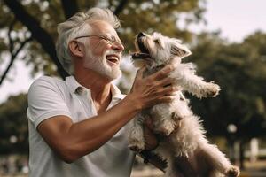 AI Generative Man having fun with his dog at the park photo