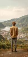 ai generativo hombre es disfrutando el paisaje en el montaña parte superior pov ver foto