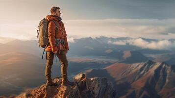 ai generativo hombre en parte superior de montaña épico Disparo de aventuras excursionismo en montañas solo fuera de activo estilo de vida y viaje vacaciones foto