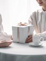 AI Generative Man standing and holding white gift box behind his back at San Valentin day photo