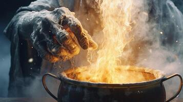 AI Generative Man salting boiling water in pot on stove closeup photo