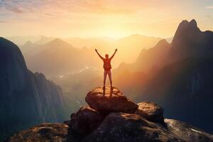 AI Generative Man standing on a ledge of a mountain enjoying the beautiful sunset photo