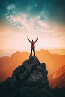 AI Generative Man traveler on mountain summit enjoying nature view with hands raised over clouds  Sport travel business and success leadership and achievement concept photo