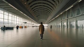 AI Generative Man tourist stands at almost empty checkin counters at the airport terminal due to coronavirus pandemic Covid19 outbreak travel restrictions  Flight cancellation concept photo