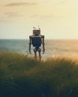 AI Generative Man with backpack walking on the beach at sunset  Travel lifestyle concept  Golden filter photo