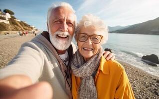 AI Generative Married couple of tourists taking a selfie portrait visiting Italy  Senior man and woman enjoying weekend vacation  Happy lifestyle concept photo