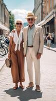 AI Generative Married couple of tourists walking on city street visiting Italy  Senior man and woman enjoying weekend vacation  Happy lifestyle concept photo