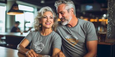 AI Generative Mature couple having fun drinking beer at cafe bar restaurant  Husband and wife hanging out enjoying happy hour at brewery pub photo