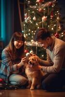 AI Generative Merry Christmas and Happy New Year Young beautiful couple are playing with their dog  in festive New Year living room just before the Christmas  Caucasian people  Animal people hol photo