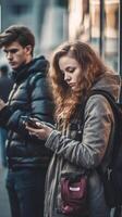 ai generativo milenario personas acecho inteligente móvil Los telefonos fuera de adolescentes utilizando moderno tecnología joven personas fanático a celulares foto