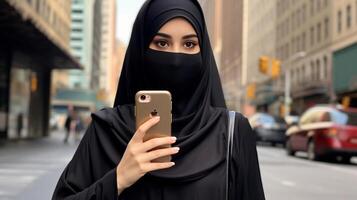 AI Generative Millennial girl mask sitting in the city using mobile smart phone with black screen  Female student holding phone outside school  Young people and technology concept photo