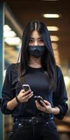 AI Generative Millennial girl mask sitting in the city using mobile smart phone with black screen  Female student holding phone outside school  Young people and technology concept photo