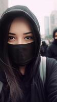 AI Generative Millennial girl mask walking in the city using mobile smart phone with black screen  Female student holding phone outside school  Young people and technology concept photo