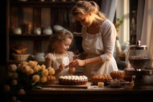 AI Generative Mother and daughter having fun spending time together cooking a cake at home in the kitchen Concept about family love food and lifestyle photo