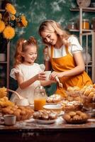 AI Generative Mother and daughter having fun spending time together cooking a cake at home in the kitchen Concept about family love food and lifestyle photo