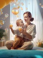 AI Generative Mother playing with her baby at home  Happy loving family concept photo