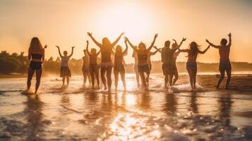 AI Generative Multi age group of people with arms up dancing at summer beach party  Big young family having fun moments outdoor  Joy lifestyle friendship and holidays concept photo