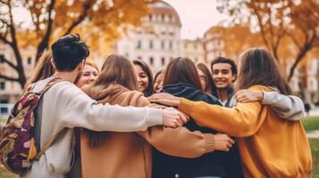 ai generativo multi étnico joven personas equipo abrazando juntos fuera de internacional comunidad de estudiantes apoyo y ayuda cada otro amistad equipo edificio y diversidad concepto foto