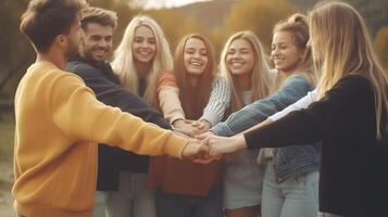 ai generativo multi étnico grupo de joven personas haciendo puño bache como símbolo de unidad comunidad y solidaridad contento amigos retrato en pie al aire libre trabajo en equipo unirse manos y apoyo juntos foto