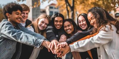 AI Generative Multi ethnic young people team hugging together outside  International community of students support and help each other  Friendship team building and diversity concept photo