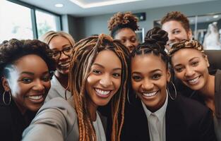 AI Generative Multicultural group of friends taking a selfie with african woman in foreground  Friendship concept with young people smiling at camera  Focus on black girl photo