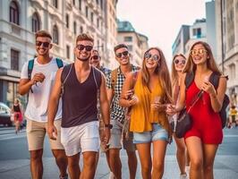 AI Generative Multiethnic friends having fun walking on city street  Group of young people enjoying summer vacation together  Friendship concept with guys and girls hanging outside on a sunny da photo