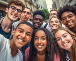 AI Generative Multicultural students taking selfie picture in college campus  Happy group of friends having fun together outside school  Back to school concept photo