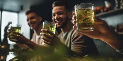 ai generativo multirracial mejor amigos teniendo divertido Bebiendo té en un bar concepto acerca de amistad bebida personas y estilo de vida foto