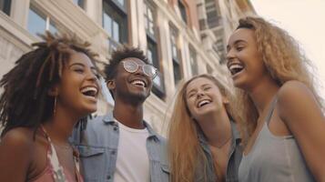 AI Generative Multiracial best friends laughing together hanging out on city street  Happy young people having fun outdoors  International students talking and smiling together sitting in colleg photo