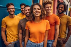 AI Generative Multiracial community of young people smiling at camera outdoors  Happy students having fun together in college campus  Group of multicultural friends wearing yellow t shirts stand photo