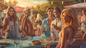 AI Generative Multiracial friends drinking champagne together on pool party  Diverse young people having fun at a holiday resort  Summer vacations concept with guys and girls hanging outside tog photo