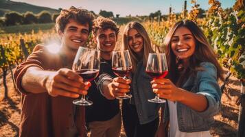 AI Generative Multiracial friends drinking red wine outside at farm house vineyard countryside  Group of young people taking selfie picture outdoor  Life style concept with guys and girls enjoyi photo