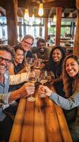 ai generativo multirracial amigos tomando un selfie aplausos vino lentes a bar joven personas teniendo divertido a lagar restaurante atención en rubia niña foto