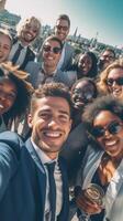 AI Generative Multiracial friends taking selfie pic outside  Group of young people celebrating together looking at camera  Guys and girls having fun hanging out on sunny day  Friendship and happ photo