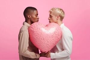 AI Generative Multiracial gay couple making heart symbol with hands photo