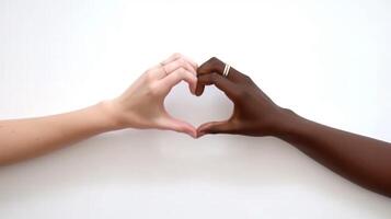 AI Generative Multiracial gay couple making heart symbol with hands photo