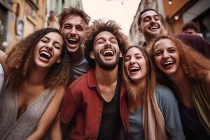 AI Generative Multiracial group of friends having fun together on city street  Millenial people laughing hugging outside  Friendship concept with guys and girls enjoying hanging outside photo