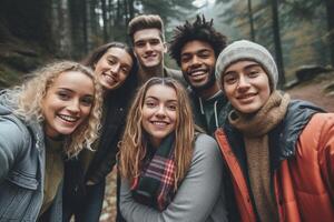 AI Generative Multiracial group of friends traveling on the road with camper van  Young people having fun enjoying winter vacation photo