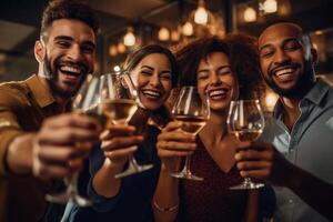 AI Generative Multiracial group of friends wearing protection mask at the restaurant Happy people celebrating toasting red wine taking a selfie with smartphone photo